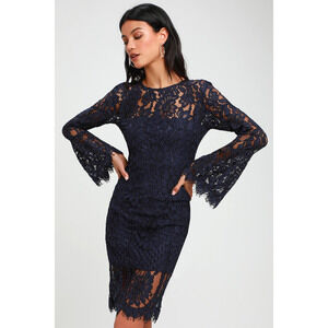 Lulus Enrapturing Elegance Navy Blue Lace Long Sleeve Midi Dress - Size S